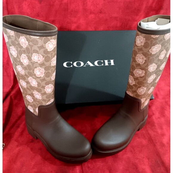 Coach Rain Boots Size 10B Tan & Dark Brown With Pink Floral Print NOB - Picture 1 of 9